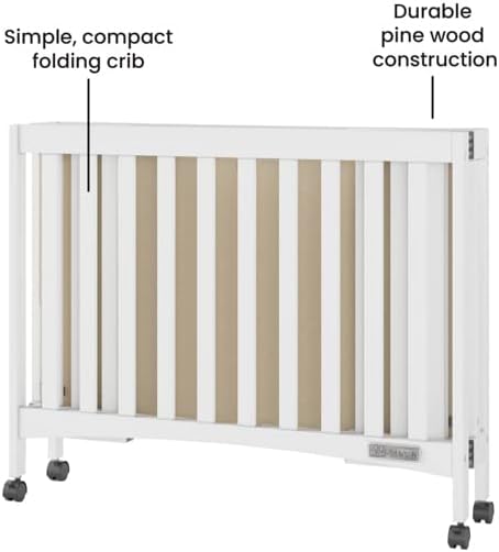 Child Craft London Mini Compact Folding Portable Crib with 2” Crib Mattress and 2 Easy Roll Locking Wheels, Durable Pine Wood Construction (Matte White)