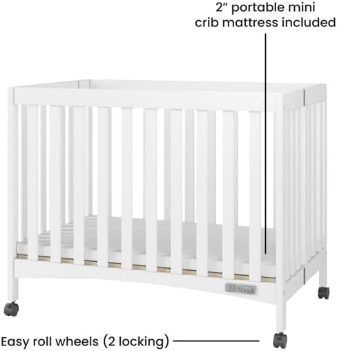 Child Craft London Mini Compact Folding Portable Crib with 2” Crib Mattress and 2 Easy Roll Locking Wheels, Durable Pine Wood Construction (Matte White)