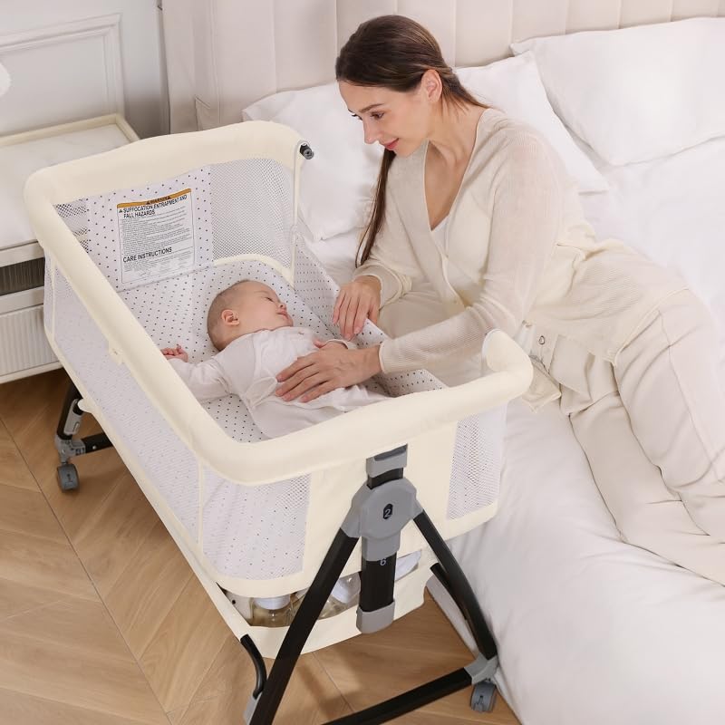Baby Bassinet, 3-in-1 Bedside Bassinets for Baby, Bassinet Sleeper with Wheels, Baby Bedside Crib with Breathable Mesh, Mosquito Net, 6 Height Adjustable, Large Storage Basket, Easy Assemble & Folding