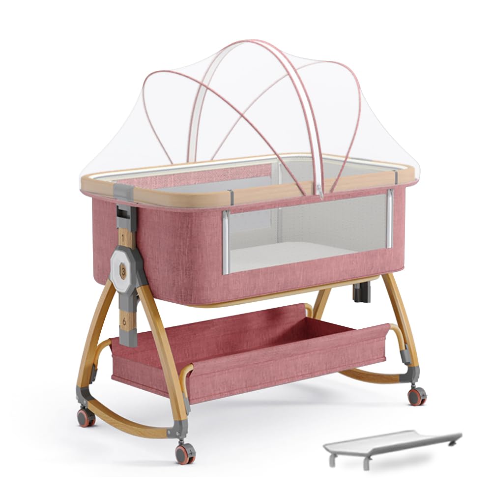 Baby Bassinet, Bedside Bassinet for Baby, 4 in 1 Portable Bassinet Bedside Sleeper with Wheels Mosquito Net & Storage Basket, 6 Height Adjustable Rocking Bassinet for Newborn Baby