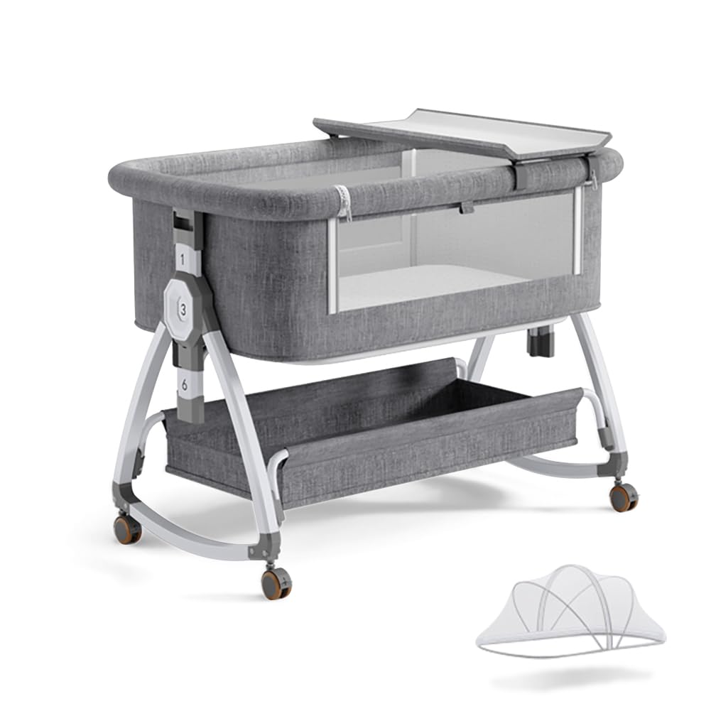 Baby Bassinet, Bedside Bassinet for Baby, 4 in 1 Portable Bassinet Bedside Sleeper with Wheels Mosquito Net & Storage Basket, 6 Height Adjustable Rocking Bassinet for Newborn Baby