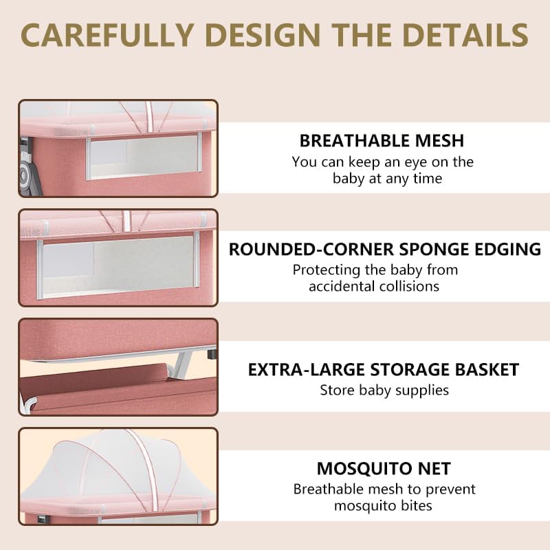 Baby Bassinet,3 in 1 Baby Bassinets Bedside Sleeper with Wheels and Mosquito Net,Bedside Bassinet for Baby with Comfy Mattress, Mattress&Breathable Mesh,Storage Basket
