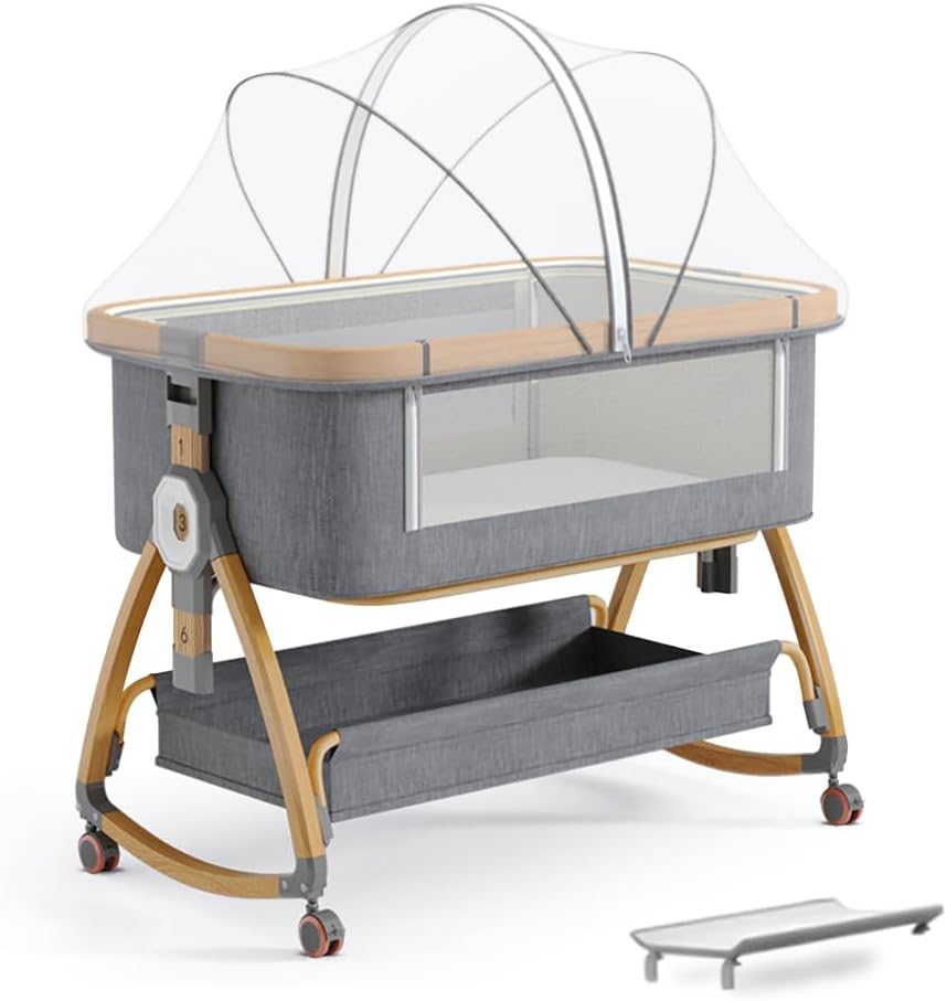 Baby Bassinet, Bedside Bassinet for Baby, 4 in 1 Portable Bassinet Bedside Sleeper with Wheels Mosquito Net & Storage Basket, 6 Height Adjustable Rocking Bassinet for Newborn Baby