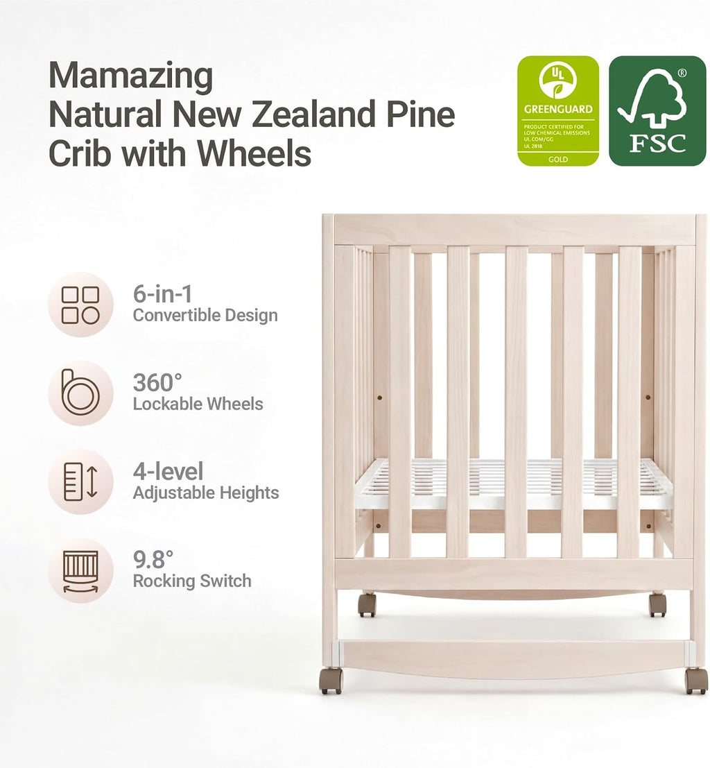 MAMAZING EvoNest 6-in-1 Convertible Baby Mini Crib with Wheels
