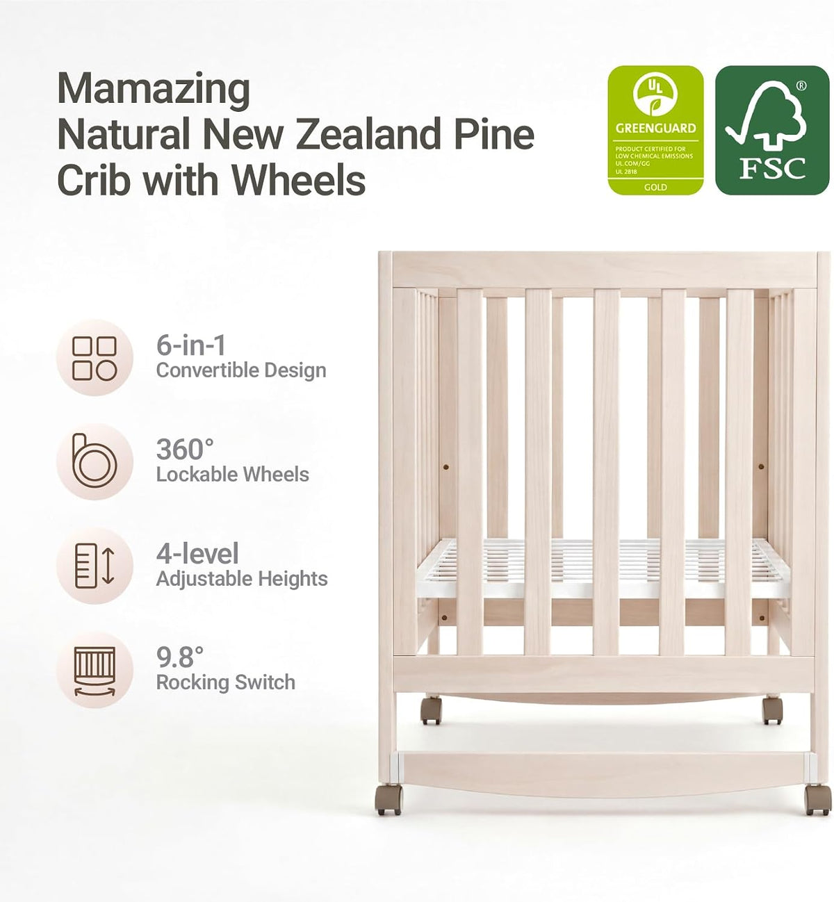 MAMAZING EvoNest 6-in-1 Convertible Baby Mini Crib with Wheels