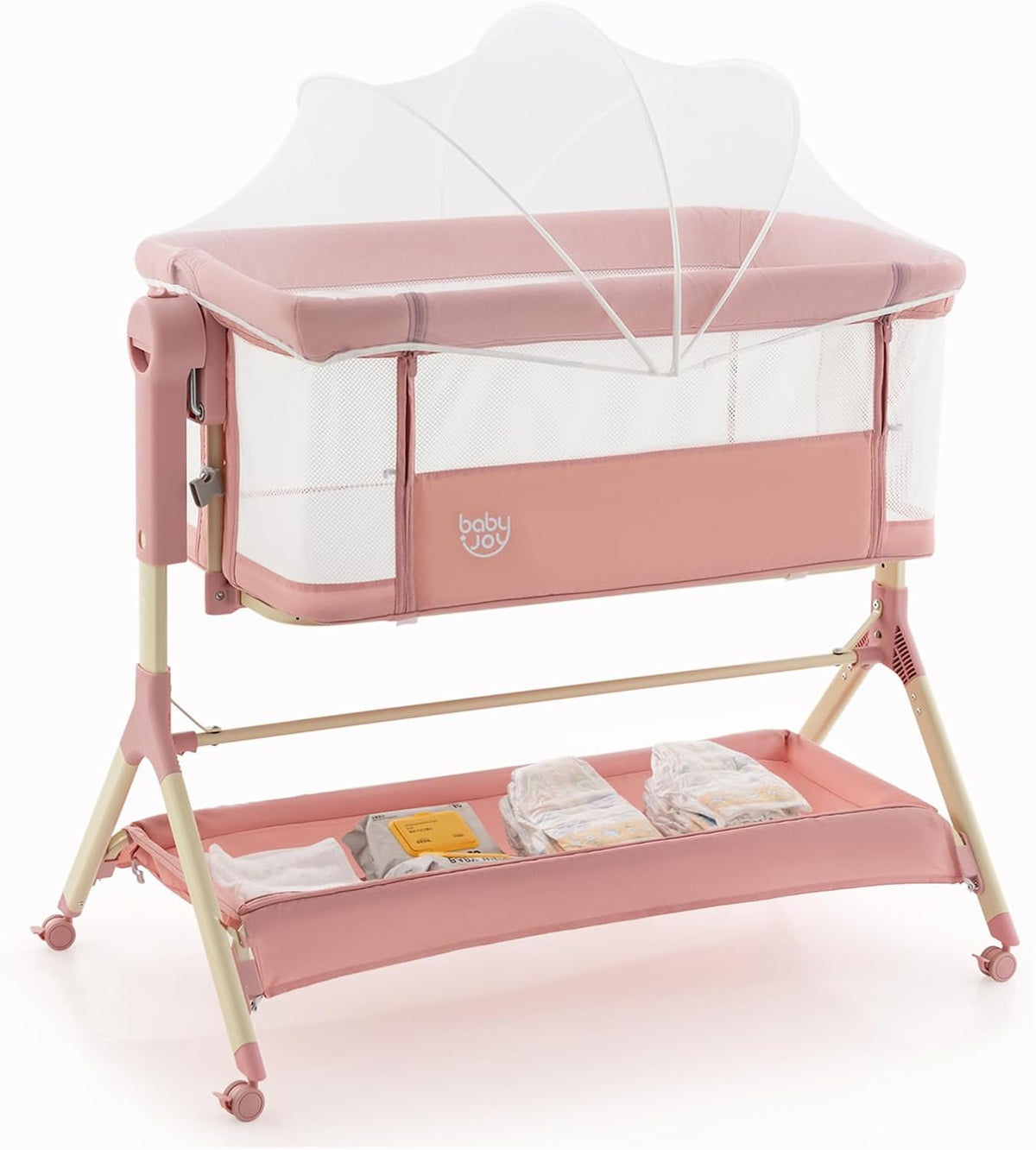 BABY JOY Bassinet, 3 in 1 Rocking Bedside Bassinet w/Storage Basket, Universal Wheels, Adjustable Height, Mattress, Net & Portable Bag, Carriable Crib Baby Bassinets Bedside Sleeper (Pink)