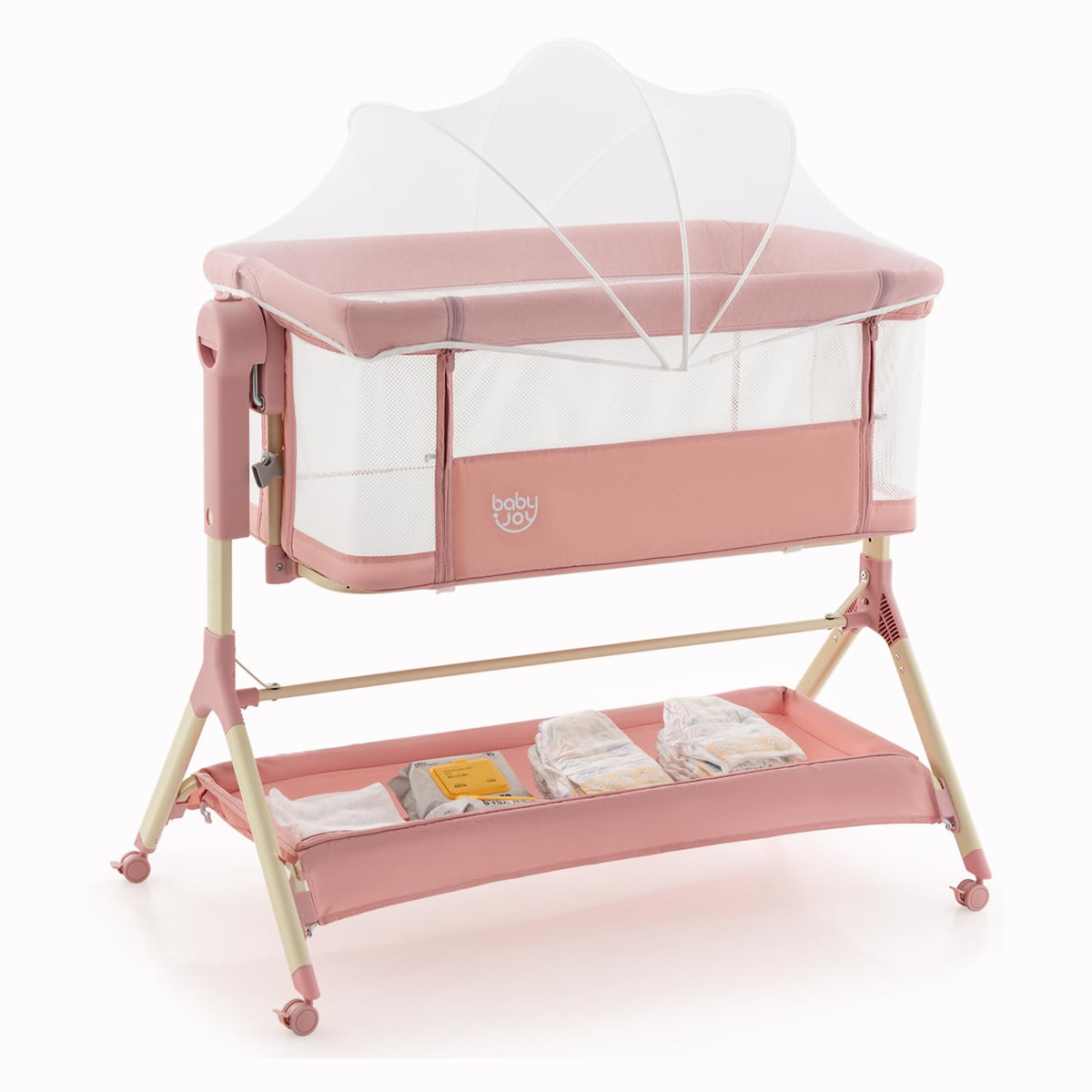 BABY JOY Bassinet, 3 in 1 Rocking Bedside Bassinet w/Storage Basket, Universal Wheels, Adjustable Height, Mattress, Net & Portable Bag, Carriable Crib Baby Bassinets Bedside Sleeper (Pink)
