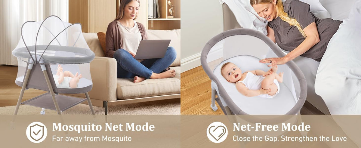 GYARING Baby bassinets,3 in1 Baby Crib, Sturdy, Portable & Easy to Assemble,Mosquito net and Portable Bag Included. (Khaki)