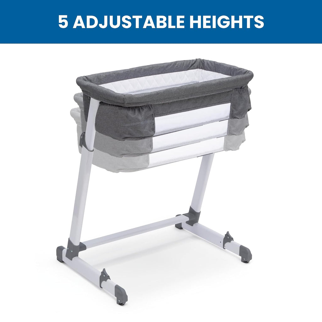 Simmons Kids By The Bed City Sleeper Bassinet - Adjustable Height Portable Crib with Wheels & Airflow Mesh, Grey Tweed
