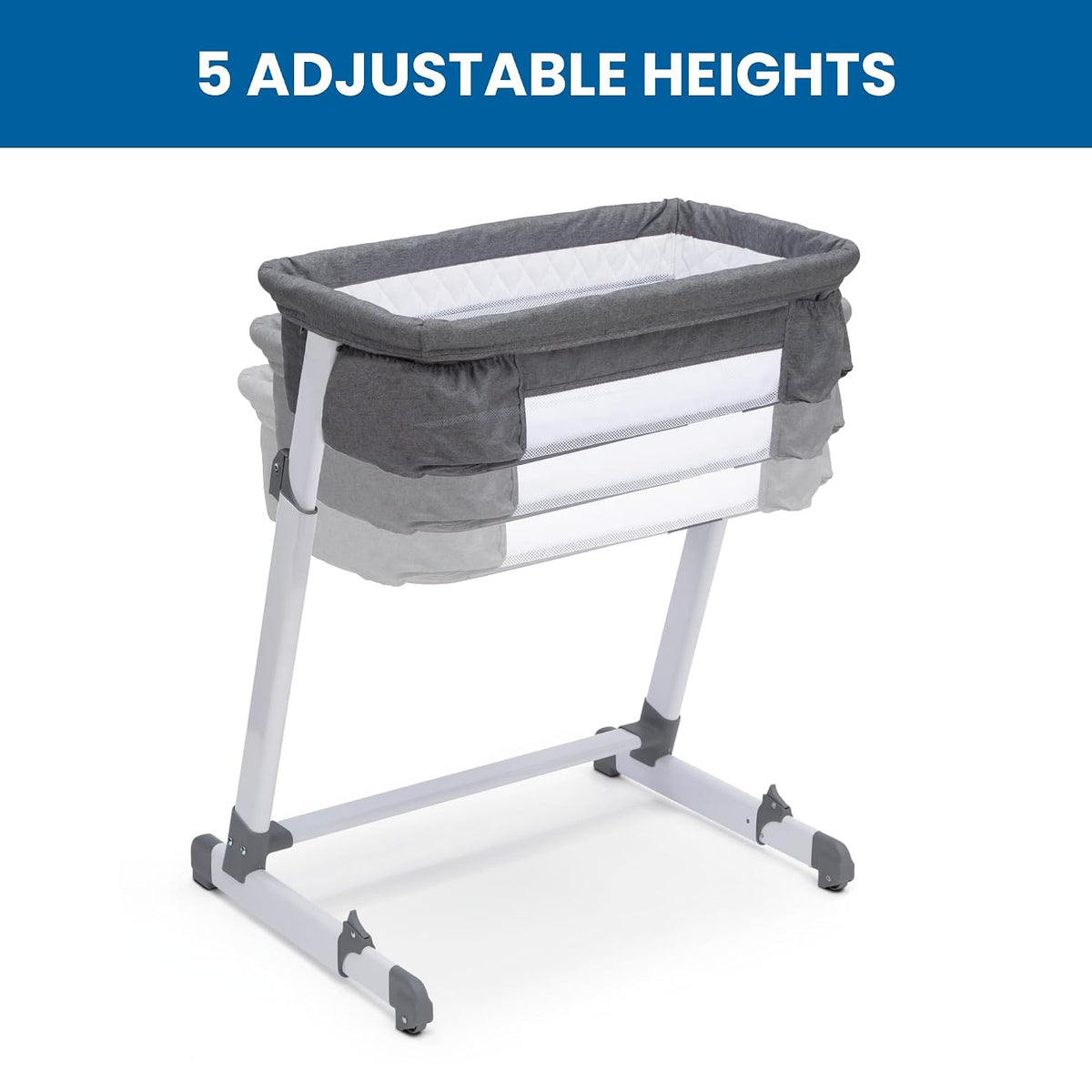 Simmons Kids By The Bed City Sleeper Bassinet - Adjustable Height Portable Crib with Wheels & Airflow Mesh, Grey Tweed