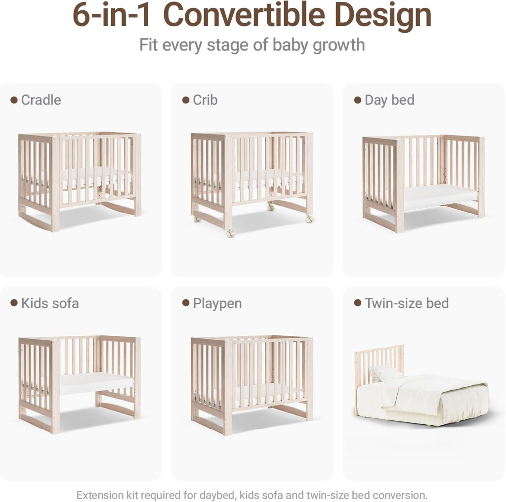 MAMAZING EvoNest 6-in-1 Convertible Baby Mini Crib with Wheels