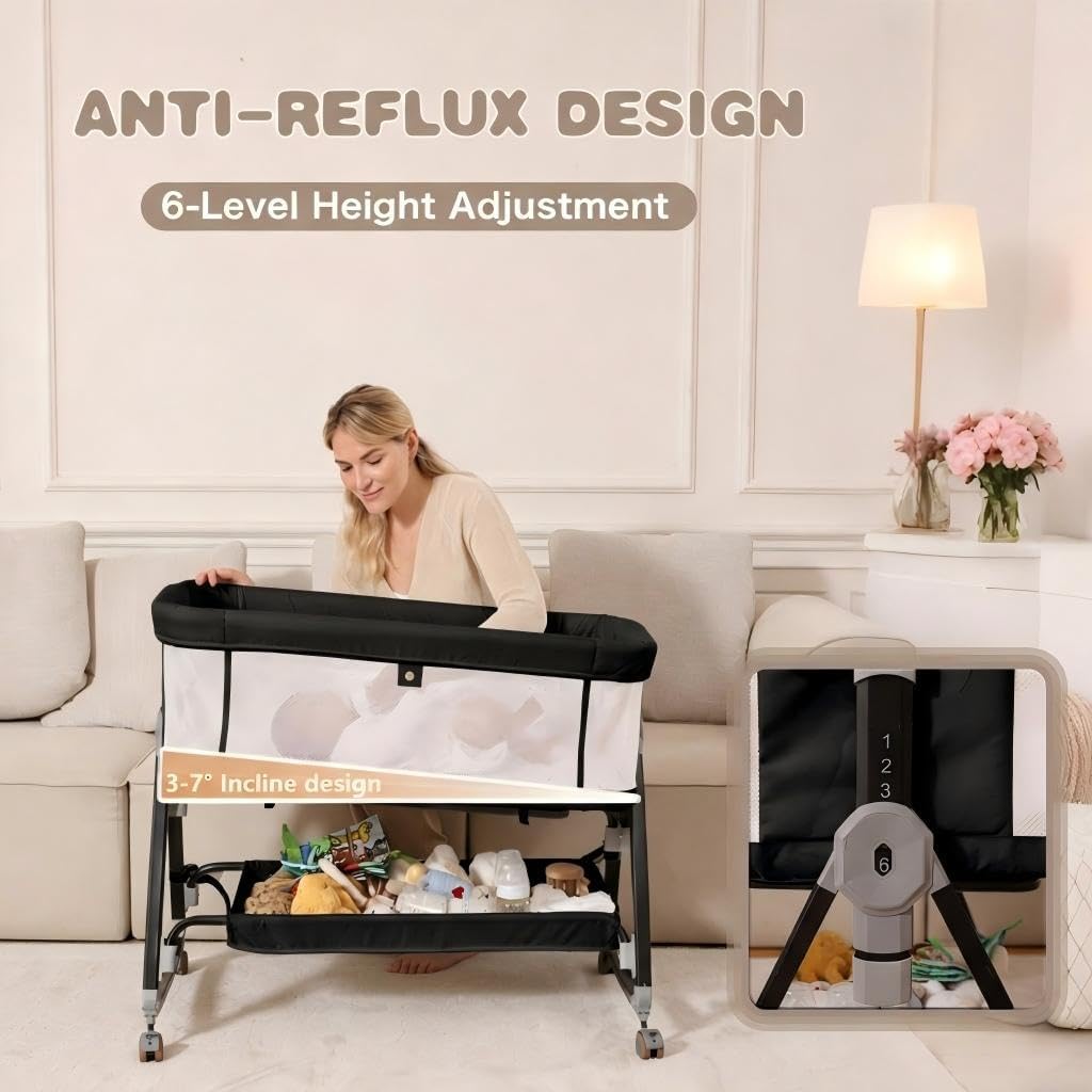 Baby Bassinets Bedside Sleeper with Wheels and Mattress, Cosleeping Baby Bed with Storage, Co-Sleeper Bassinet Attach to Bed, Bed Side Crib with Breathable Mesh, Height Adjustable (Black)
