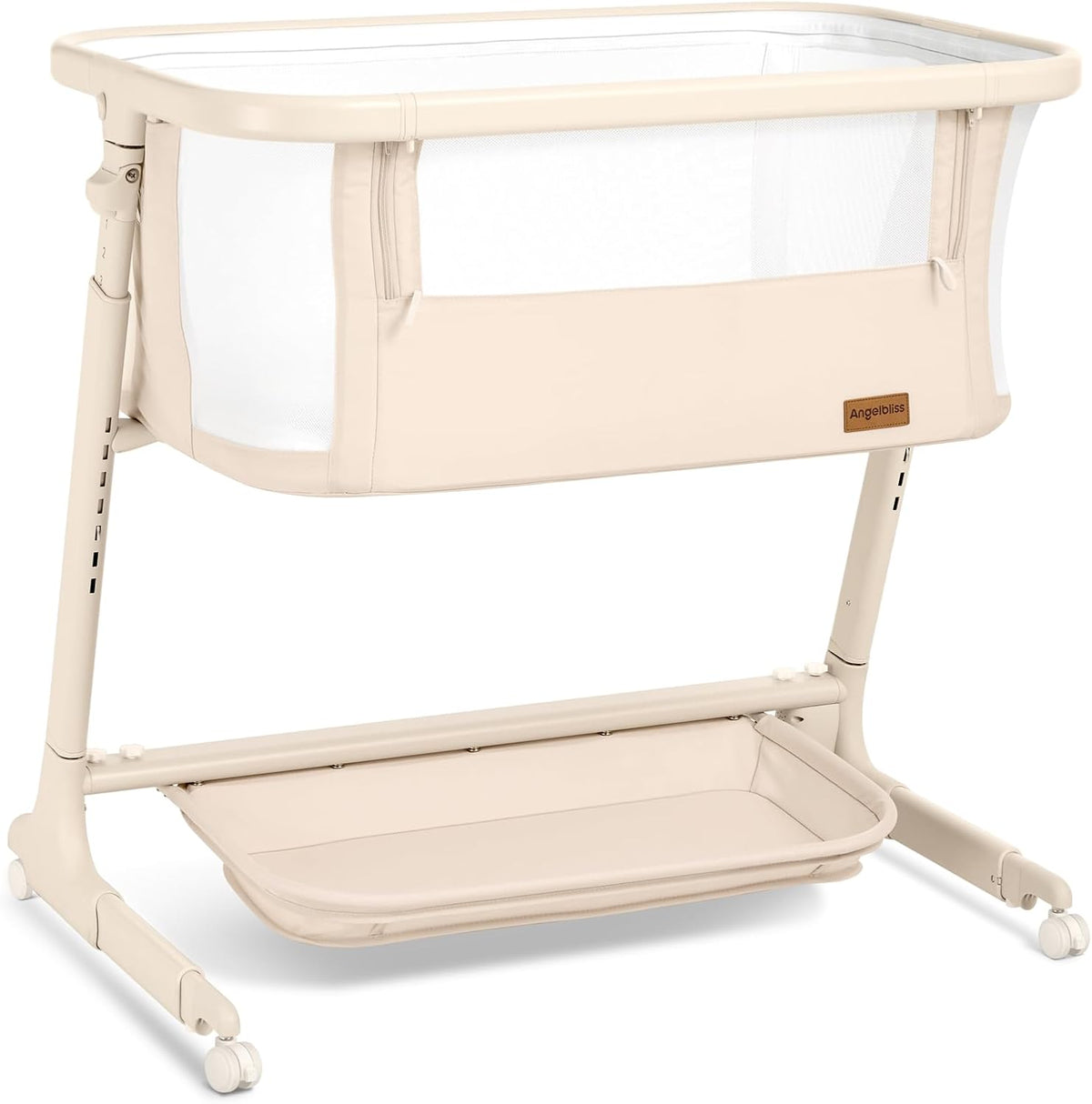 ANGELBLISS Electric Baby Bassinet, Auto Rocking Bedside Sleeper, 6 Heights with Mattress, Washable Sheet, Remote Control, 5 Speeds, 3 Timers, 12 Sounds, Wheels & Storage, Beige