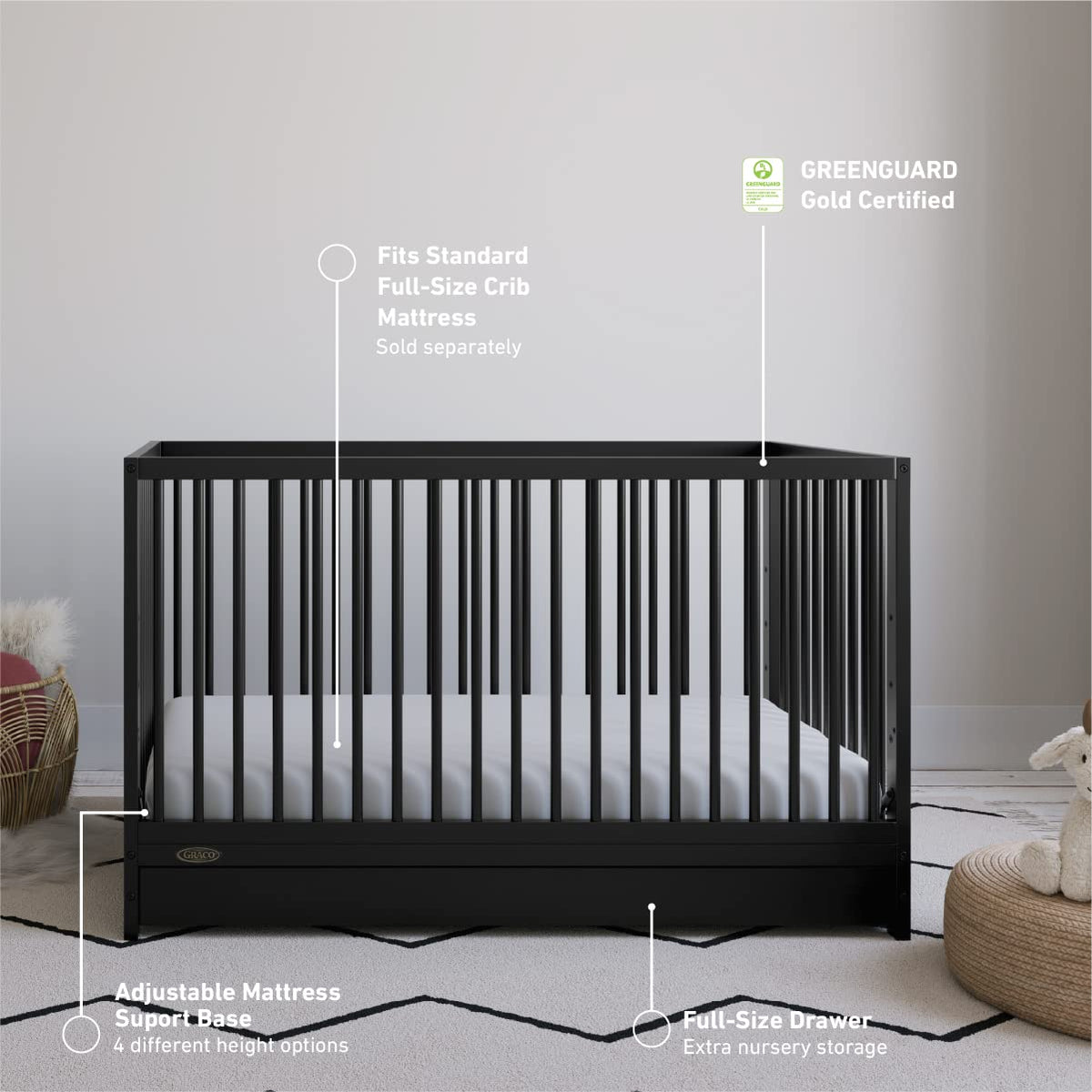 Graco Teddi 5-in-1 Convertible Crib with Drawer, Black