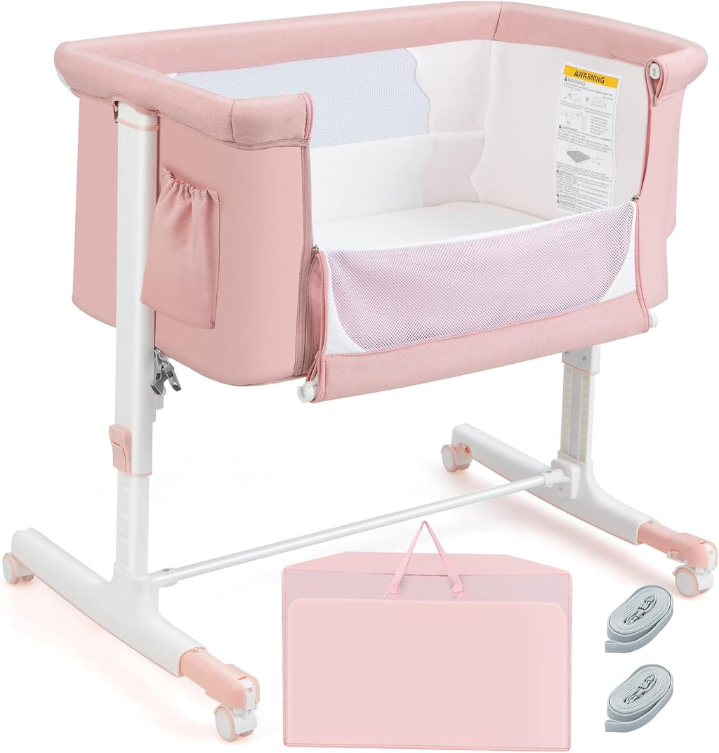 HONEY JOY Baby Bassinet Bedside Sleeper, 3-in-1 Easy Folding Portable Crib for Baby with Wheels, 5 Adjustable Heights, Easy to Assemble Bed to Bed, Mattress & Carry Bag for Infant Newborn (Pink)