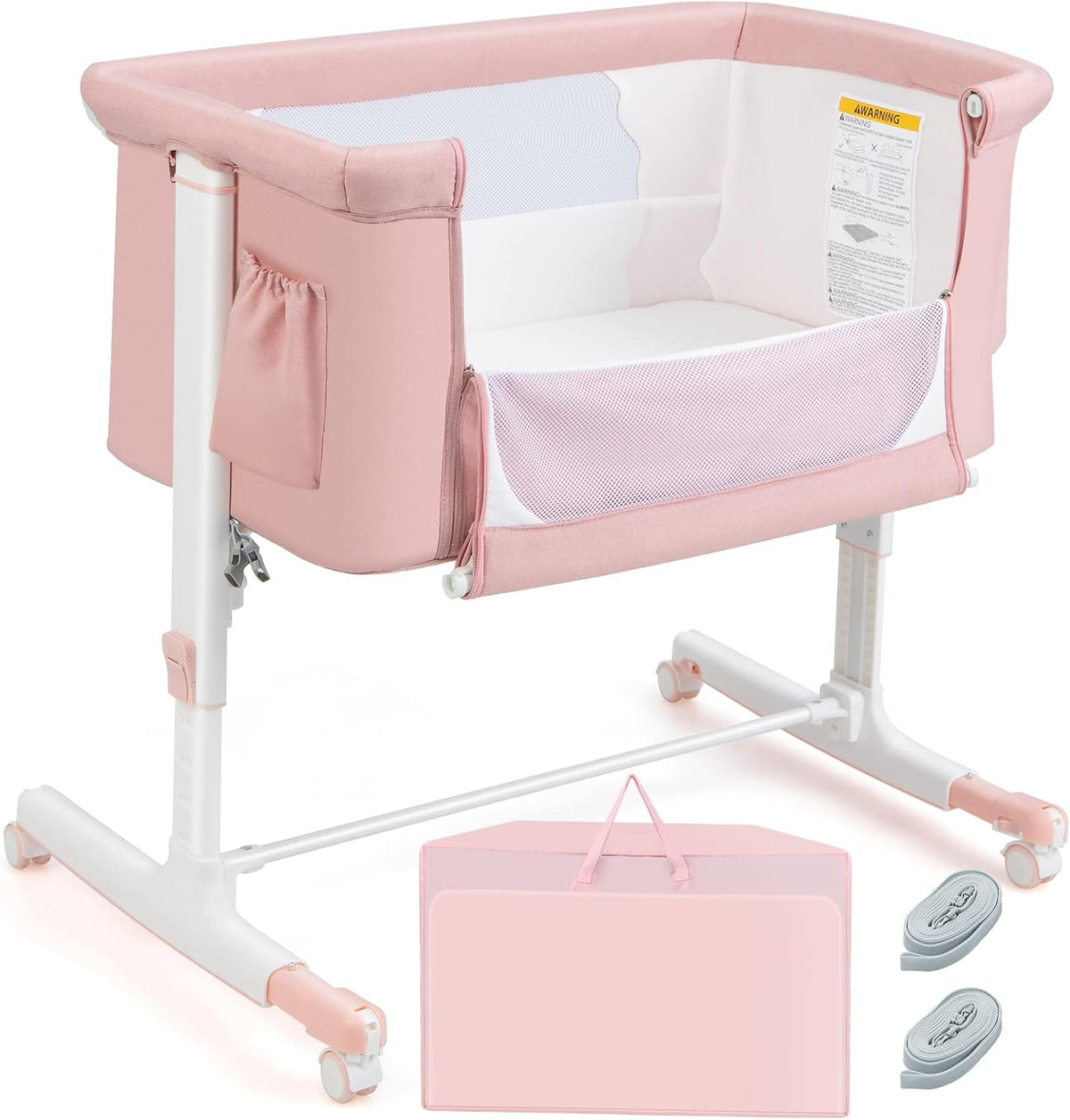 HONEY JOY Baby Bassinet Bedside Sleeper, 3-in-1 Easy Folding Portable Crib for Baby with Wheels, 5 Adjustable Heights, Easy to Assemble Bed to Bed, Mattress & Carry Bag for Infant Newborn (Pink)