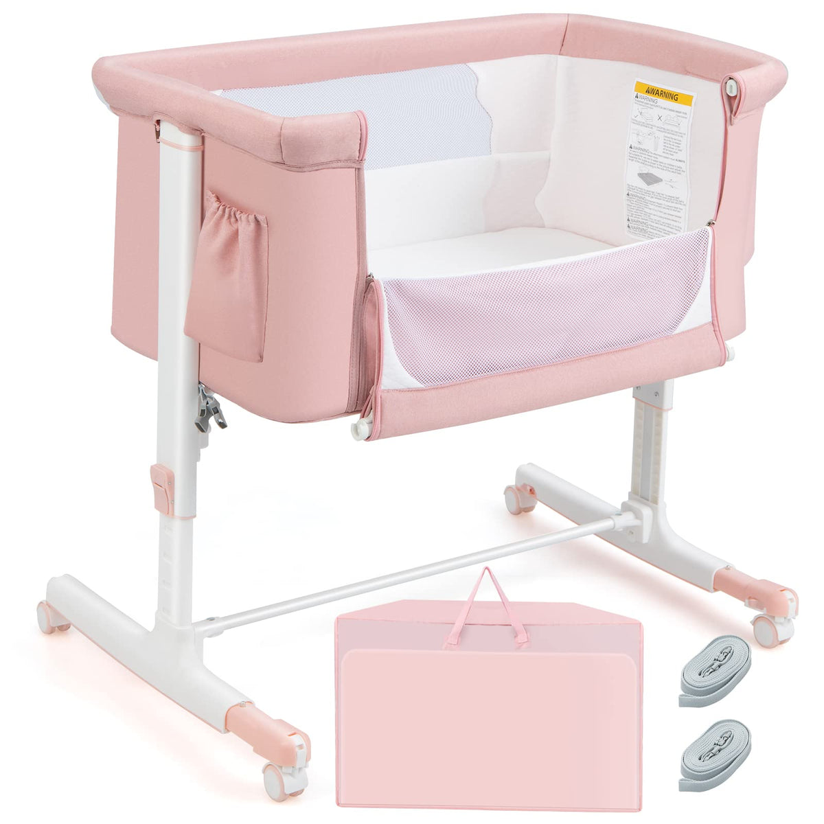 HONEY JOY Baby Bassinet Bedside Sleeper, 3-in-1 Easy Folding Portable Crib for Baby with Wheels, 5 Adjustable Heights, Easy to Assemble Bed to Bed, Mattress & Carry Bag for Infant Newborn (Pink)