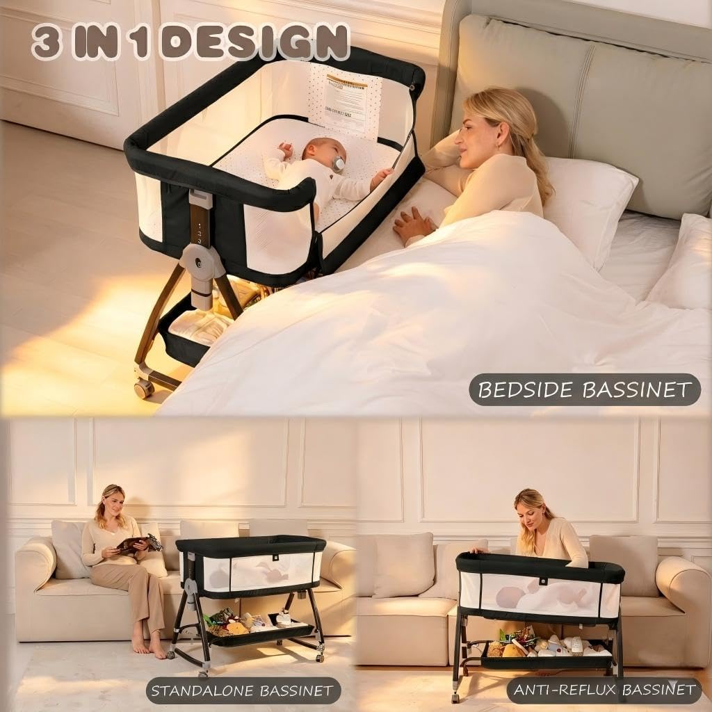Baby Bassinets Bedside Sleeper with Wheels and Mattress, Cosleeping Baby Bed with Storage, Co-Sleeper Bassinet Attach to Bed, Bed Side Crib with Breathable Mesh, Height Adjustable (Black)