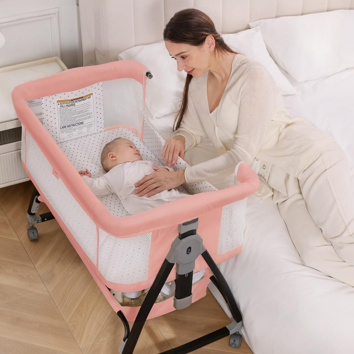 Baby Bassinet, 3-in-1 Bedside Bassinets for Baby, Bassinet Sleeper with Wheels, Baby Bedside Crib with Breathable Mesh, Mosquito Net, 6 Height Adjustable, Large Storage Basket, Easy Assemble & Folding