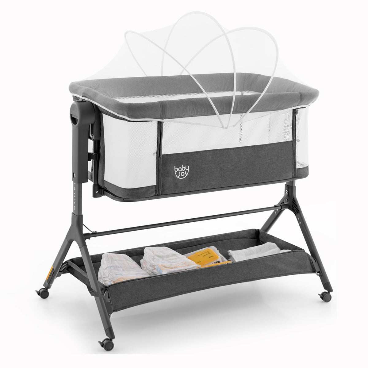 BABY JOY Bassinet, 3 in 1 Rocking Bedside Bassinet w/Storage Basket, Universal Wheels, Adjustable Height, Mattress, Net & Portable Bag, Carriable Crib Baby Bassinets Bedside Sleeper (Pink)
