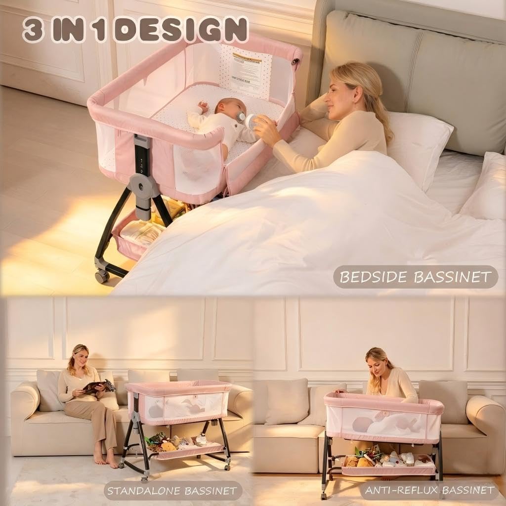 Baby Bassinets Bedside Sleeper with Wheels and Mattress, Cosleeping Baby Bed with Storage, Co-Sleeper Bassinet Attach to Bed, Bed Side Crib with Breathable Mesh, Height Adjustable (Pink)
