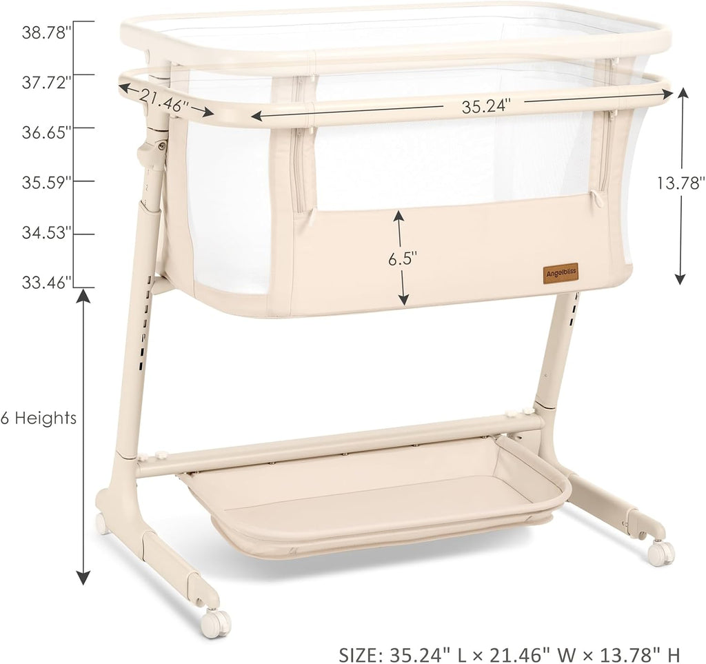ANGELBLISS Electric Baby Bassinet, Auto Rocking Bedside Sleeper, 6 Heights with Mattress, Washable Sheet, Remote Control, 5 Speeds, 3 Timers, 12 Sounds, Wheels & Storage, Beige