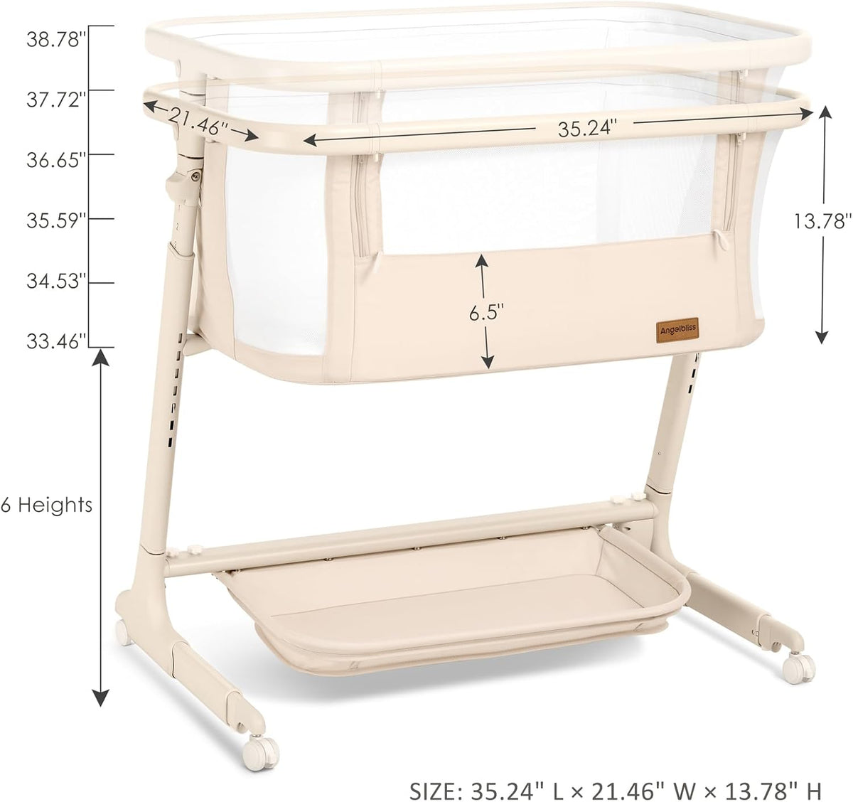 ANGELBLISS Electric Baby Bassinet, Auto Rocking Bedside Sleeper, 6 Heights with Mattress, Washable Sheet, Remote Control, 5 Speeds, 3 Timers, 12 Sounds, Wheels & Storage, Beige