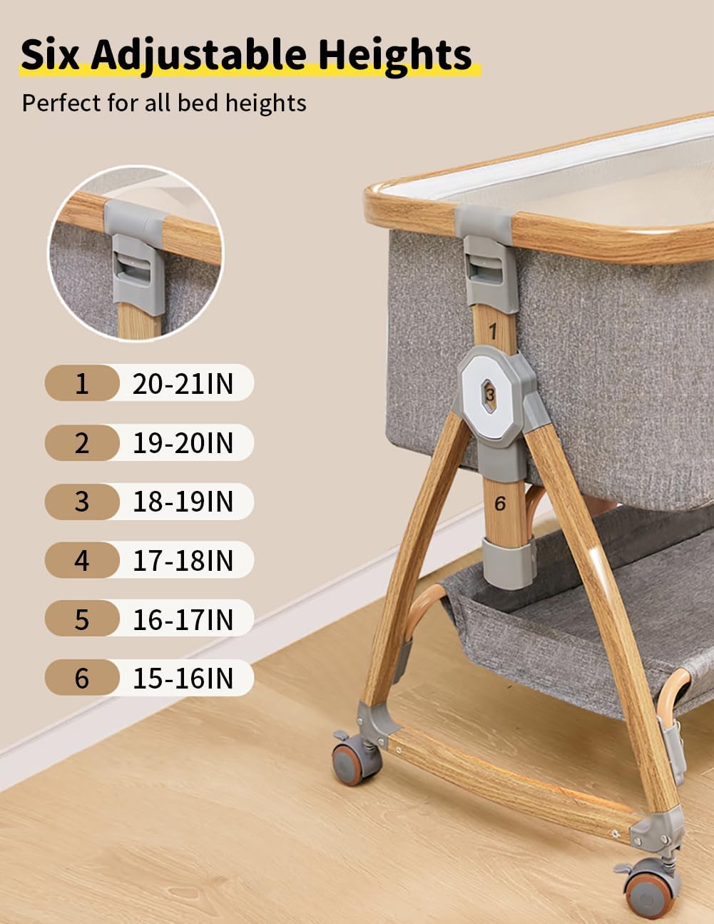 Baby Bassinet, Bedside Bassinet for Baby, 4 in 1 Portable Bassinet Bedside Sleeper with Wheels Mosquito Net & Storage Basket, 6 Height Adjustable Rocking Bassinet for Newborn Baby