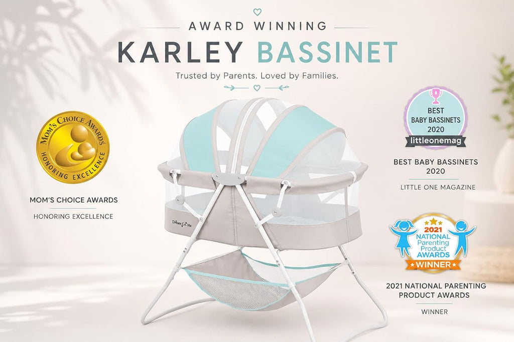 Dream On Me Karley Portable Infant Bassinet, Double Mesh Canopy, Blue/Grey