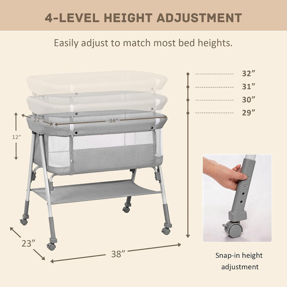 3-in-1 Baby Bassinet Bedside Sleeper for Newborn, Baby Crib Grey