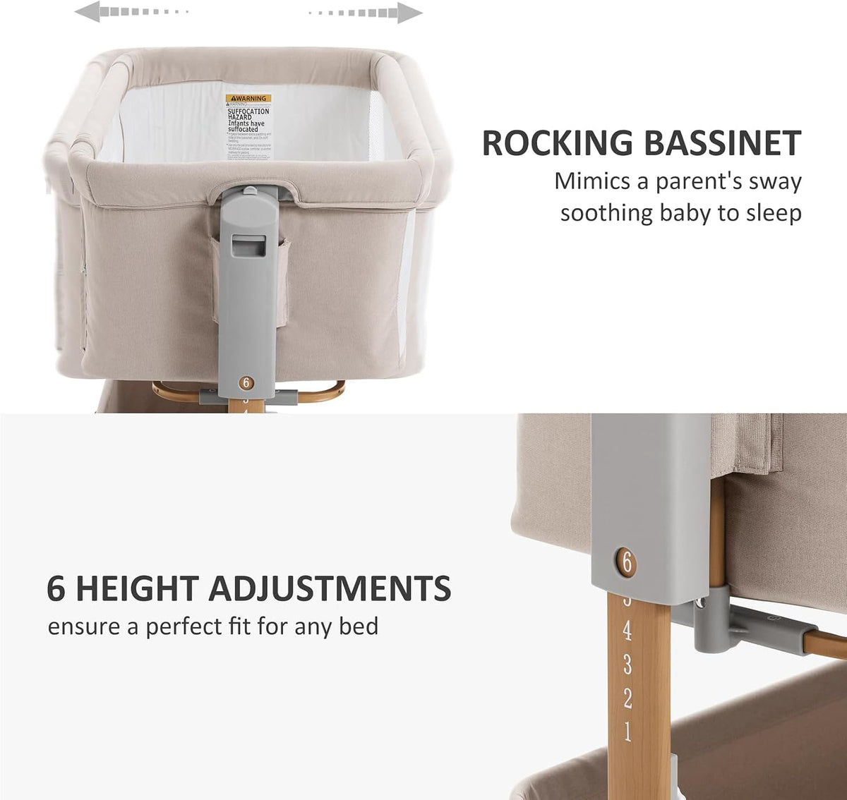3-in-1 Baby Bassinet, Bedside Sleeper & Rocking Bassinet for Newborn