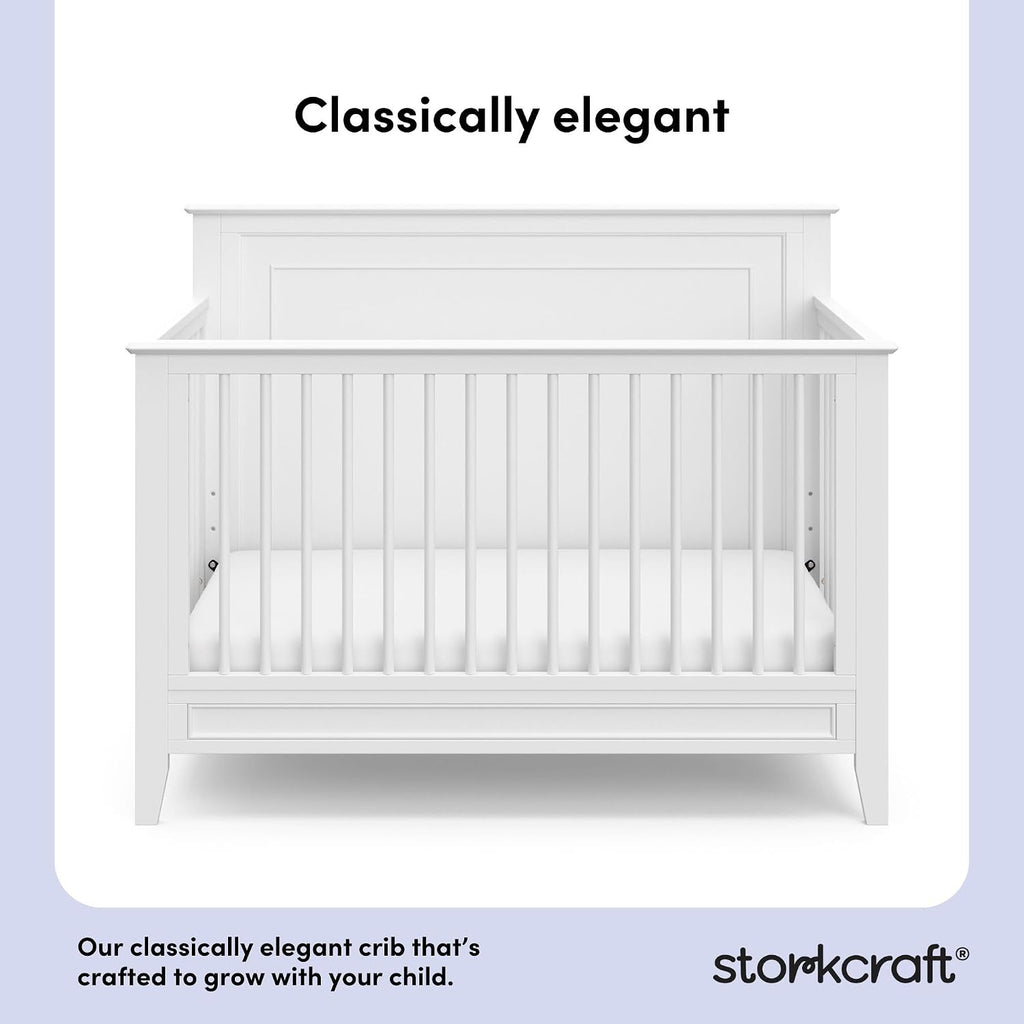 Storkcraft Solstice 5-in-1 Convertible Crib (White) – GREENGUARD Gold Certified, Converts to Toddler Bed and Full-Size Bed, Fits Standard Full-Size Crib Mattress, Adjustable Mattress Support Base