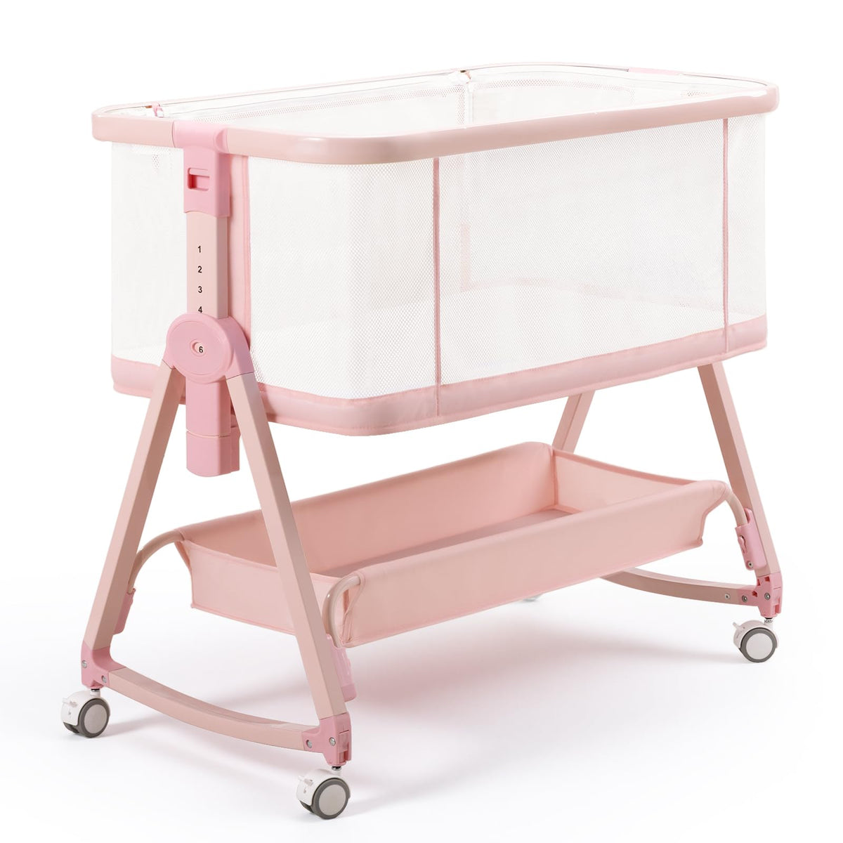 Baby Bedside Sleeper Bassinet, Bassinet Storage Basket and Wheels, Pink