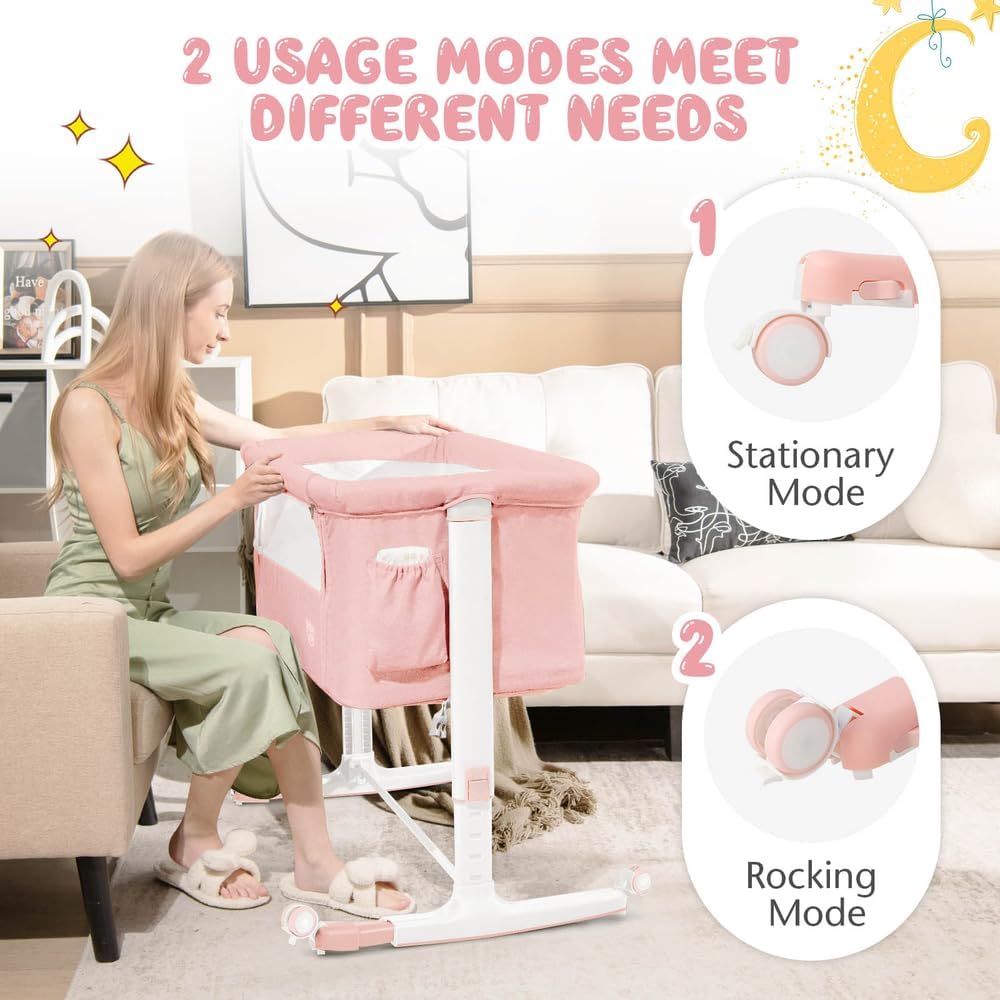 BABY JOY Bassinet Bedside Sleeper, 3 in 1 Folding Crib w/Adjustable Height, Mattress, Lockable Wheels, Storage Pocket & Carry Bag for Infant Newborn, Stationary & Rock, Portable Baby Bassinet (Pink)