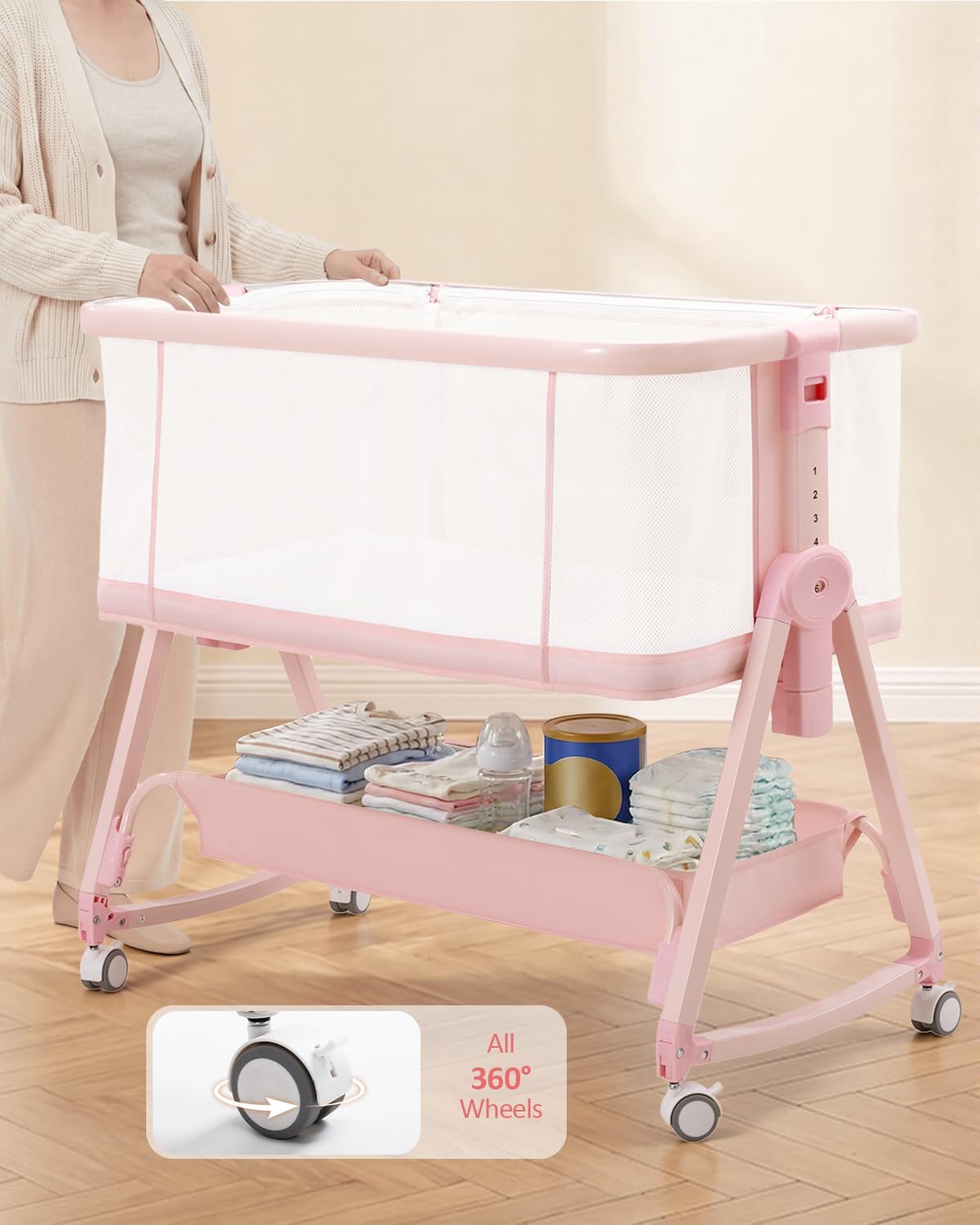 Baby Bedside Sleeper Bassinet, Bassinet Storage Basket and Wheels, Pink