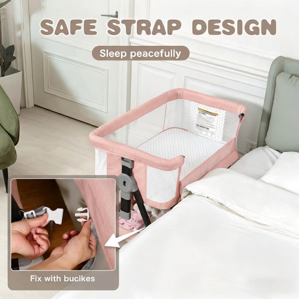 Baby Bassinets Bedside Sleeper with Wheels and Mattress, Cosleeping Baby Bed with Storage, Co-Sleeper Bassinet Attach to Bed, Bed Side Crib with Breathable Mesh, Height Adjustable (Pink)
