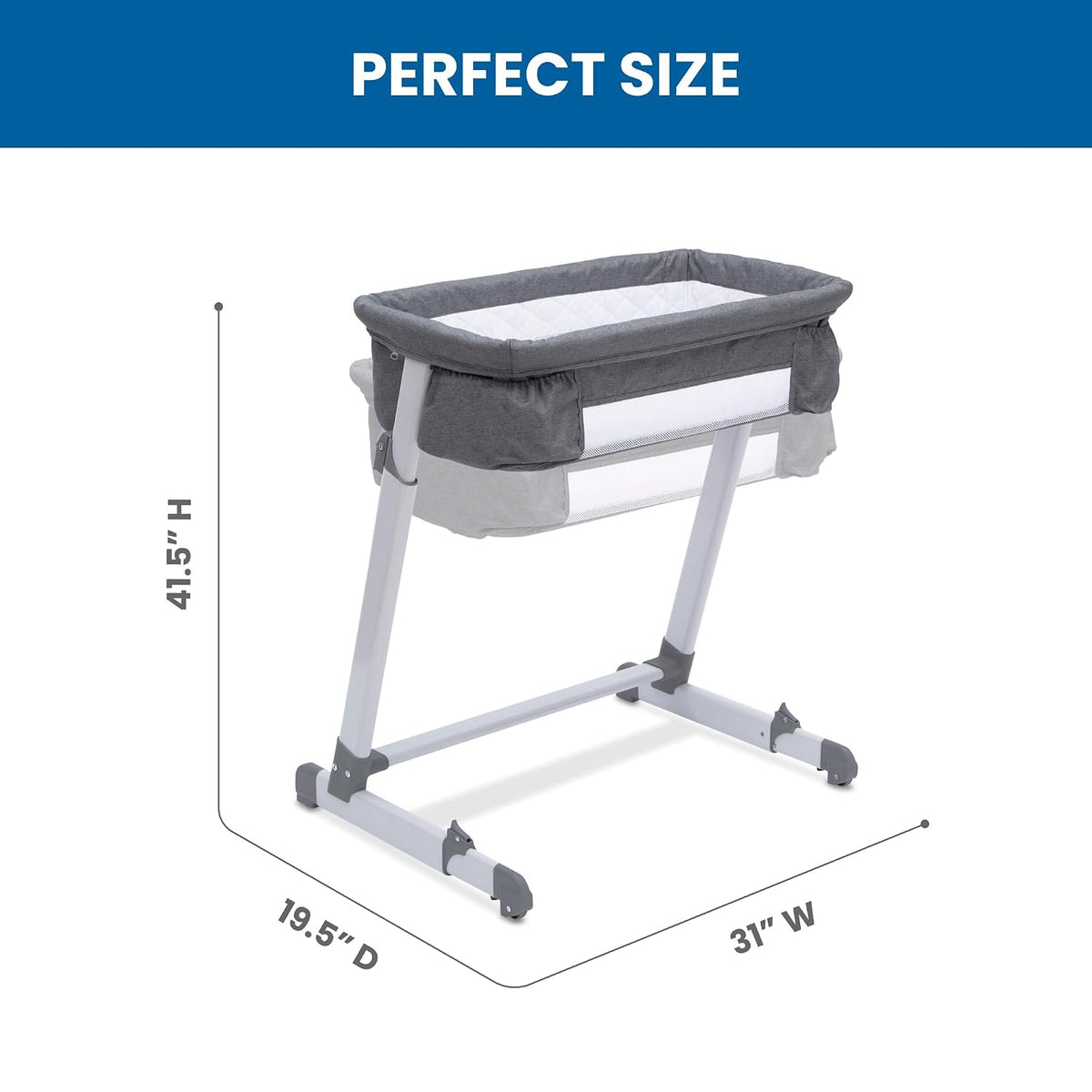 Simmons Kids By The Bed City Sleeper Bassinet - Adjustable Height Portable Crib with Wheels & Airflow Mesh, Grey Tweed
