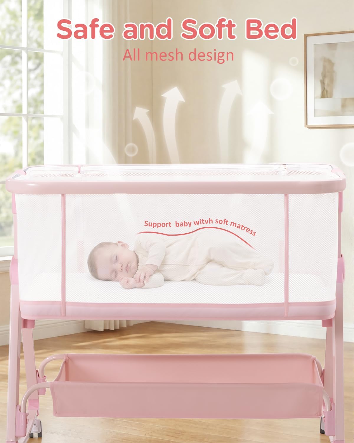Baby Bedside Sleeper Bassinet, Bassinet Storage Basket and Wheels, Pink