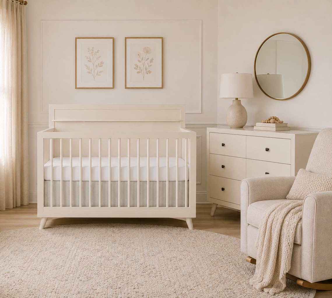 Evolur Loft Antilia 4-in-1 Convertible Full-Size Baby Crib in Vanilla Bean, GreenGuard Gold & BSA, Converts to Toddler, Day & Full-Size Bed, 3 Mattress Heights Modern Scandinavian Design