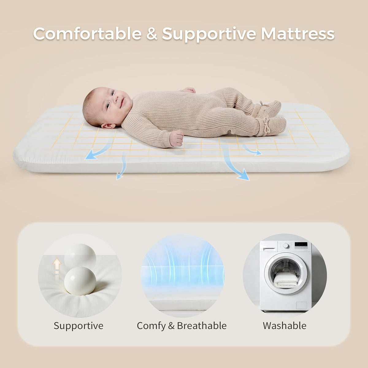 Uuoeebb Baby Bassinet, Bedside Bassinet for Baby, 2-in-1 Bedside Sleeper with Mattress, Half-Mesh Breathable Design, 4 Auto-Lock Wheels, Storage Basket, Easy Assembly (Khaki)