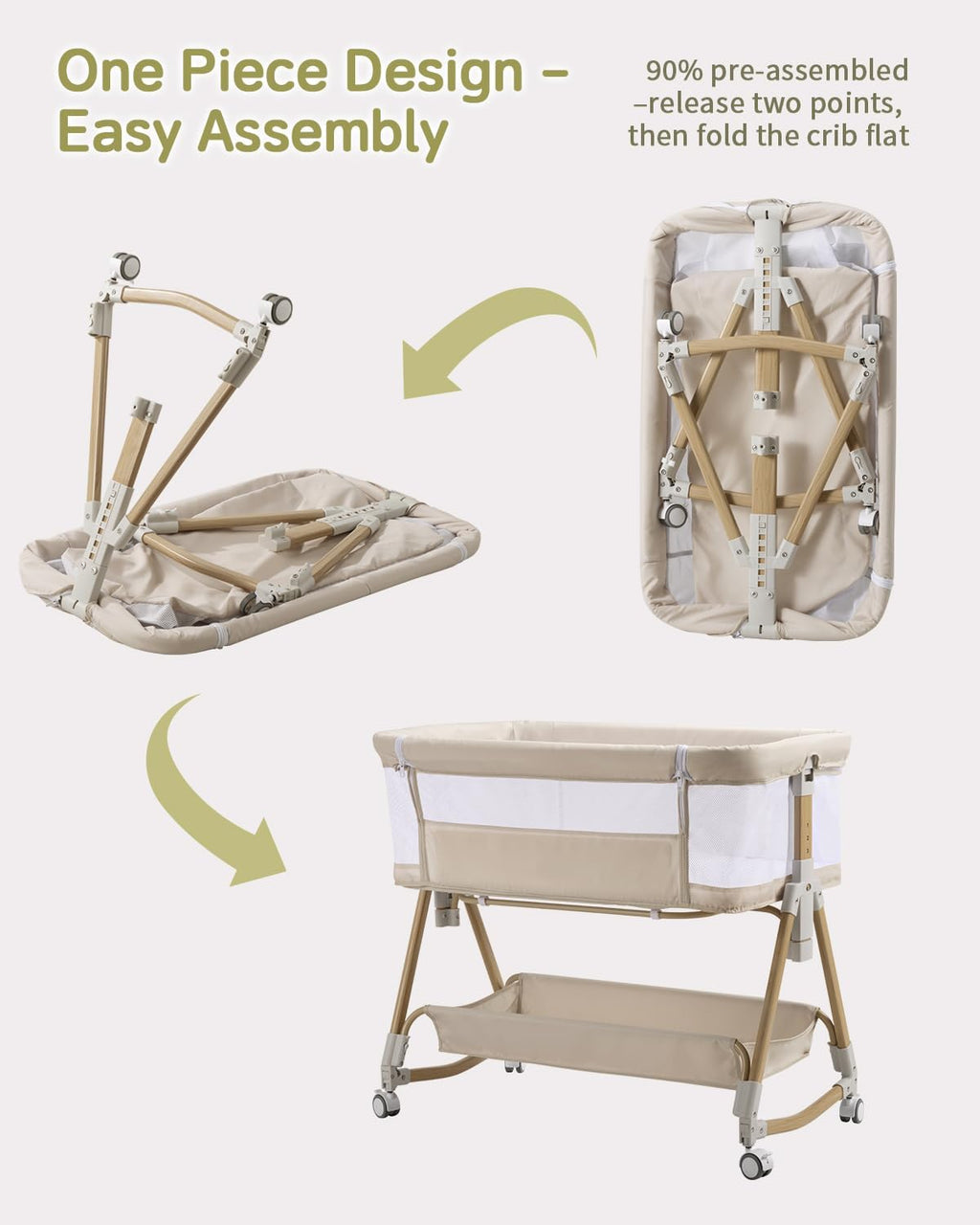 Baby Bassinet Bedside Crib, 3-in-1 Baby Bassinet Bedside Sleeper，Rocking Bedside Bassinet with Wheels, Adjustable Easy Folding Portable Bed for Infant Newborn (Beige)