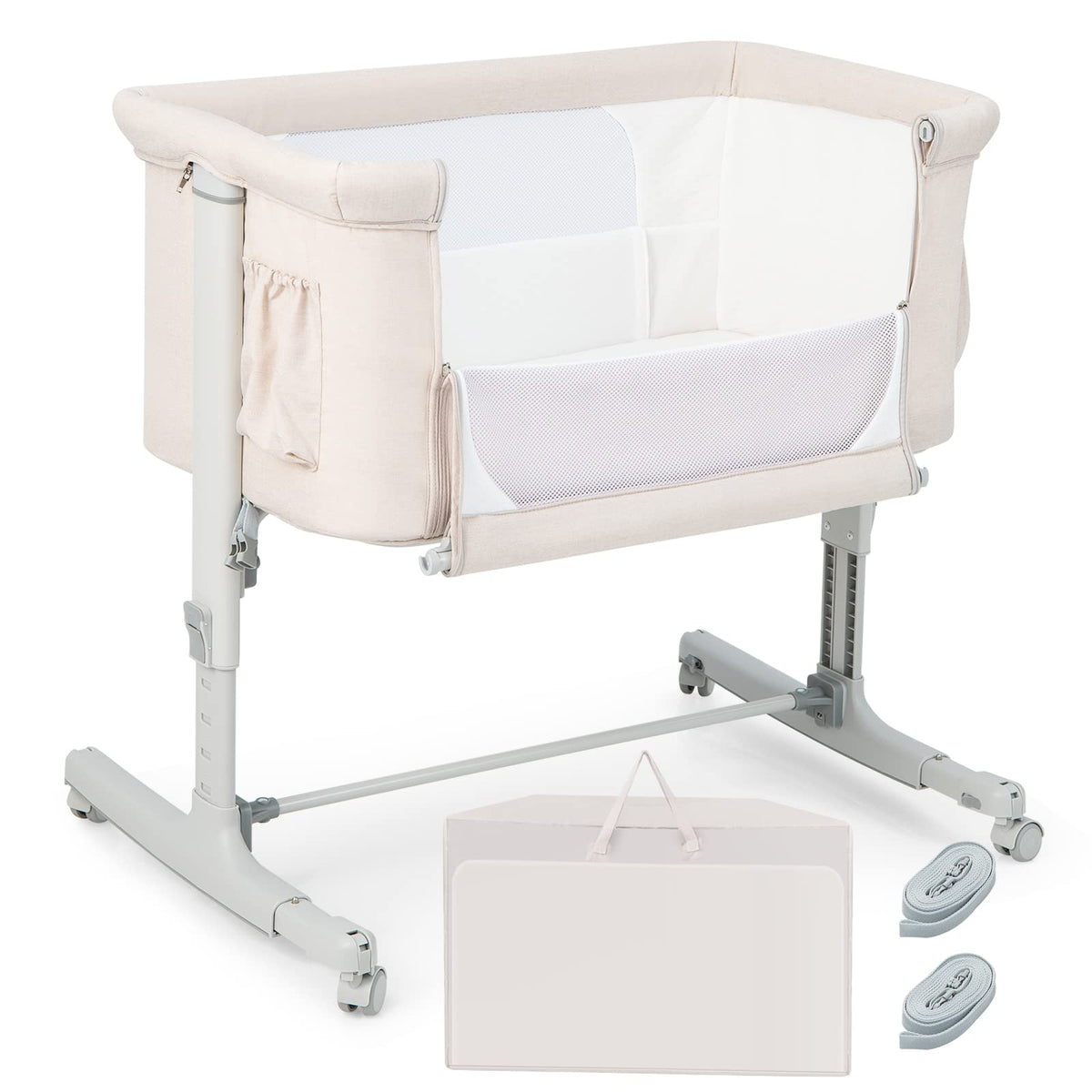 HONEY JOY Baby Bassinet Bedside Sleeper, 3-in-1 Easy Folding Portable Crib for Baby with Wheels, 5 Adjustable Heights, Easy to Assemble Bed to Bed, Mattress & Carry Bag for Infant Newborn (Pink)