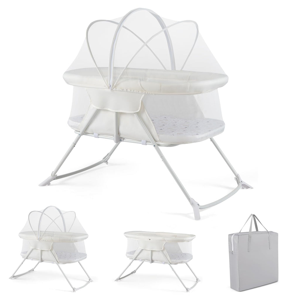 BABY JOY 2 in 1 Bassinet, Foldable Bedside Crib with Breathable Mesh, Comfortable Mattress, Zippered Net Canopy & Portable Bag, Bassinet Bedside Sleeper for Baby, Infant & Newborn (Beige)