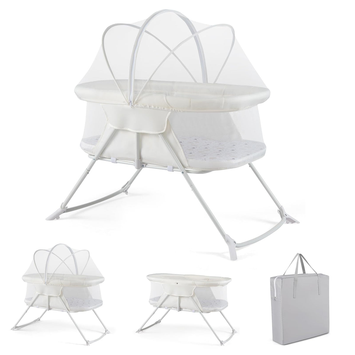 BABY JOY 2 in 1 Bassinet, Foldable Bedside Crib with Breathable Mesh, Comfortable Mattress, Zippered Net Canopy & Portable Bag, Bassinet Bedside Sleeper for Baby, Infant & Newborn (Beige)