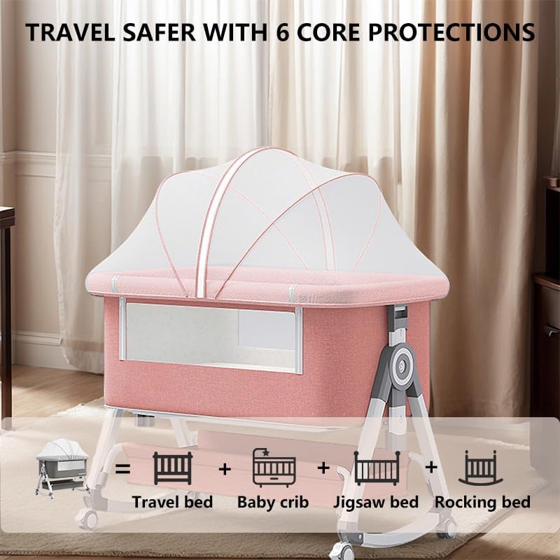 Baby Bassinet,3 in 1 Baby Bassinets Bedside Sleeper with Wheels and Mosquito Net,Bedside Bassinet for Baby with Comfy Mattress, Mattress&Breathable Mesh,Storage Basket