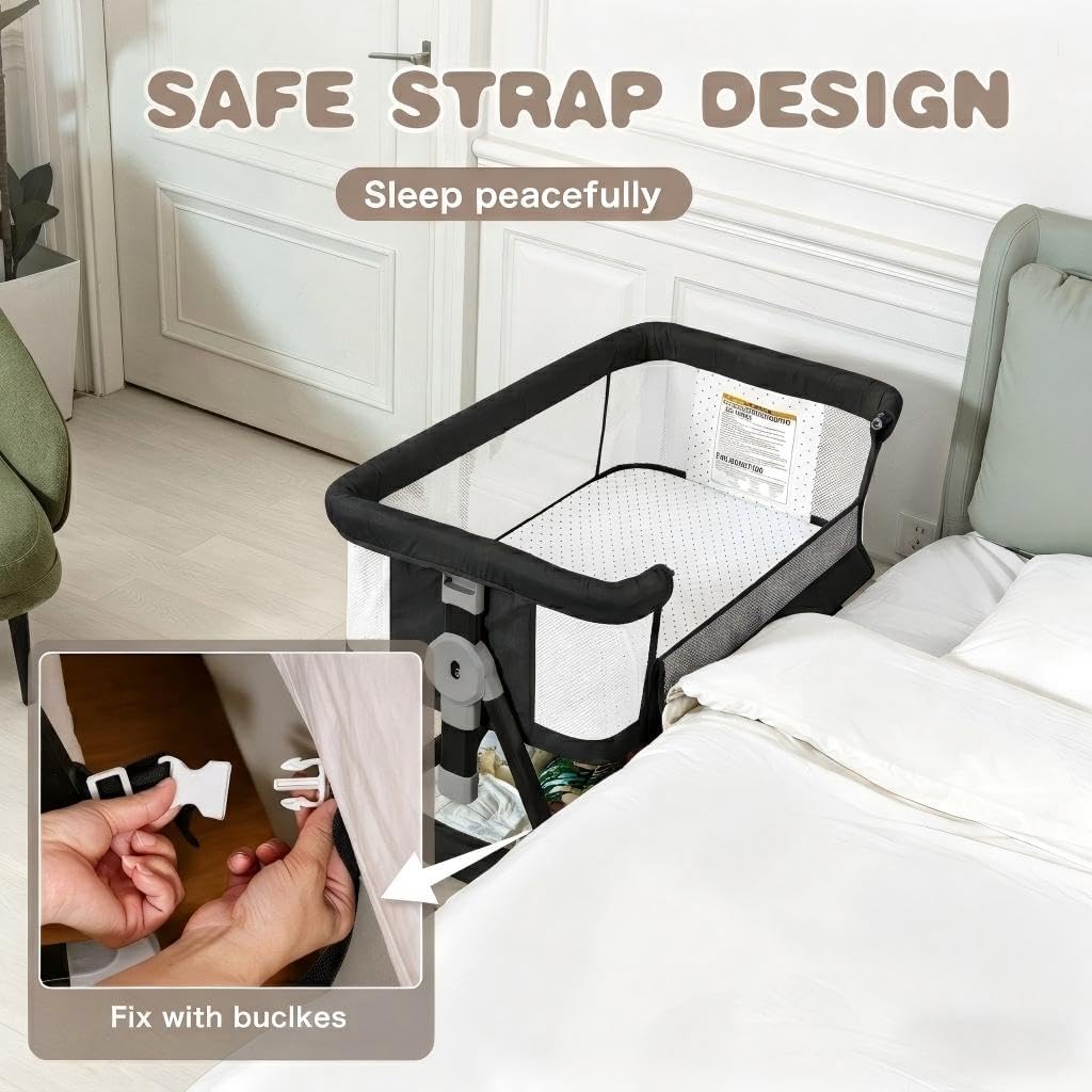 Baby Bassinets Bedside Sleeper with Wheels and Mattress, Cosleeping Baby Bed with Storage, Co-Sleeper Bassinet Attach to Bed, Bed Side Crib with Breathable Mesh, Height Adjustable (Black)