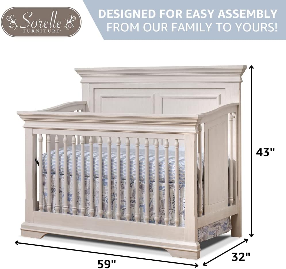 Sorelle Furniture Portofino Crib,Classic 4-In-1 Convertible Crib,Brushed Ivory Crib Made of Wood,Non-Toxic Finish, Wooden Baby Bed,Toddler Bed,Child’s Daybed and Full-Size Bed-Ivory