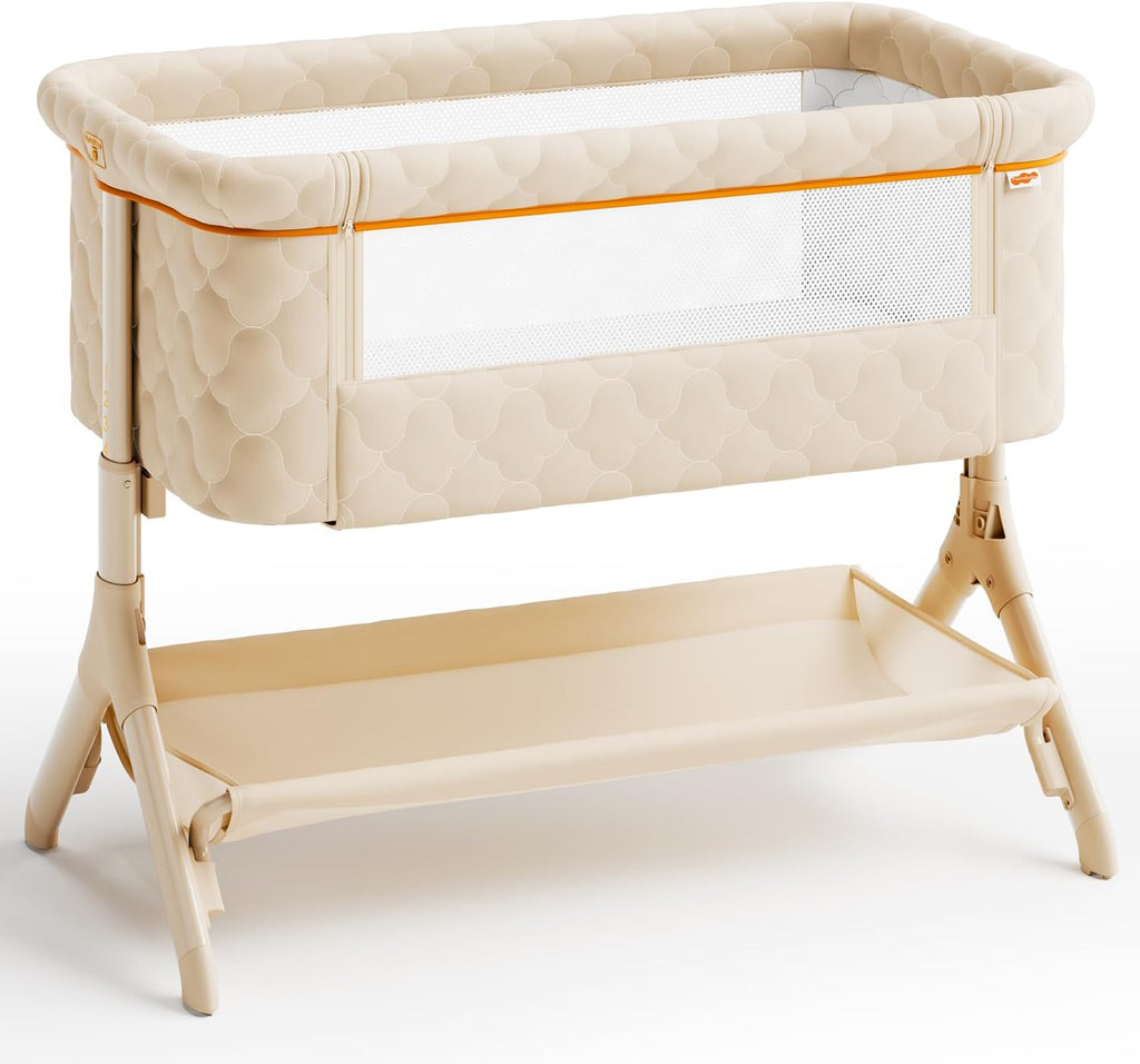 Pamo babe Bedside Bassinet for Baby, 3-in-1 Foldable Travel Bassinet with Wheels, Portable Baby Bassinet Adjustable Height, Storage Bag, Baby Bedside Sleeper Ideal Gift for Newborn Parents (Beige)