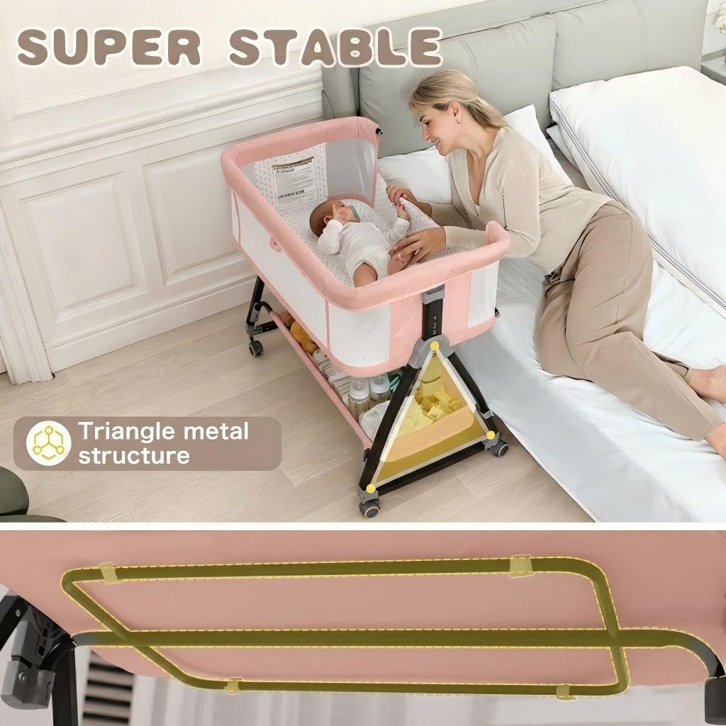 Baby Bassinets Bedside Sleeper with Wheels and Mattress, Cosleeping Baby Bed with Storage, Co-Sleeper Bassinet Attach to Bed, Bed Side Crib with Breathable Mesh, Height Adjustable (Pink)