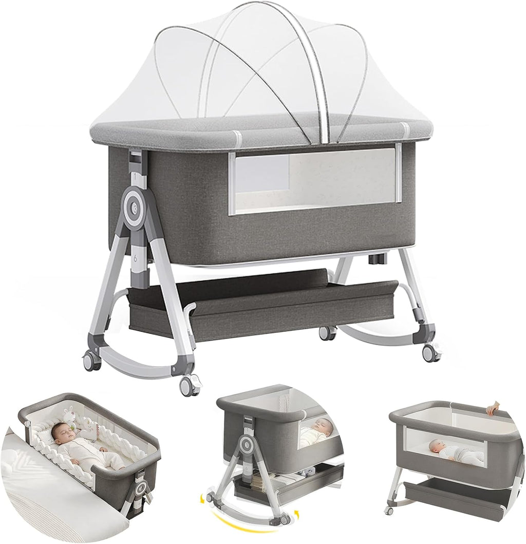 4 in 1 Baby Bassinet Bedside Sleeper, Rocking Bassinets with Wheels and Comfy Mattress, 6 Height Adjustable Easy Folding Portable Bedside Crib for Newborn Infant